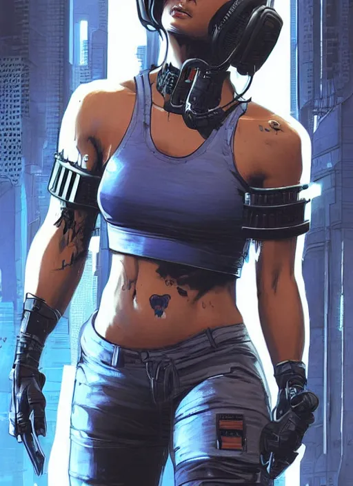 Image similar to Buff Maria. Female cyberpunk meathead wearing a cyberpunk headset. gorgeous face. Realistic Proportions. Concept art by James Gurney and Laurie Greasley. Moody Industrial skyline. ArtstationHQ. Creative character design for cyberpunk 2077.