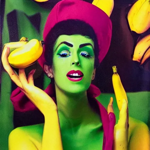 Image similar to a woman with green and yellow makeup holding bananas, a pop art painting by bert stern, trending on behance, pop art, pop art, surrealist, photoillustration