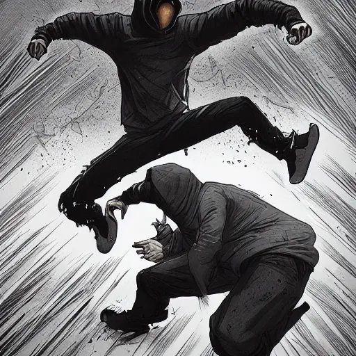 Image similar to a man in a white hoodie fighting a man in a black hoodie, vintage comic, greg rutkowski