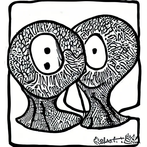 Image similar to a cartoony anthropomorphic ink drawing of a pair of amoebas called separation anxiety