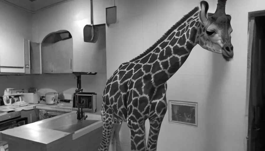 Image similar to a girafe in a stalinist style kitchen, mini dv camera found footage, very very low quality picture, heavy grain, caught on security camera, heavy jpeg artifact, night vision very blurry, caught on trail cam, 1 4 4 p, ultra wide lens