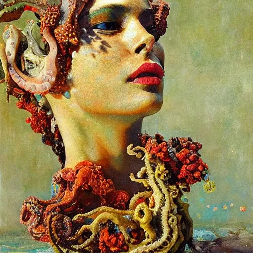 Image similar to a sculpture portrait made of seaweed and coral and shells and octopus, painting part by wojciech siudmak, part by ilya repin, part by max ernst, part by norman rockwell, artstation