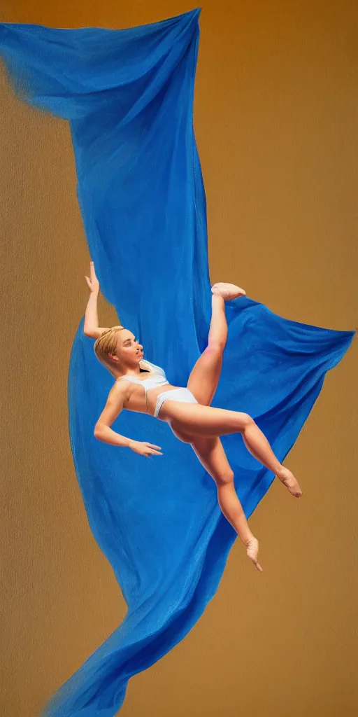 Image similar to painting of a short hair blond girl doing Aerial dance, blue cloth, cosmic, 8k, volumetric light