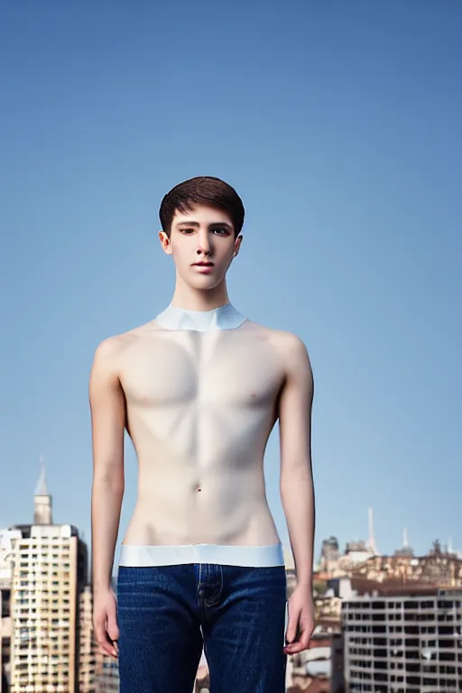 Image similar to un ultra high definition studio quality photographic art portrait of a young man standing on the rooftop of a british apartment building wearing soft padded silver pearlescent clothing. three point light. extremely detailed. golden ratio, ray tracing, volumetric light, shallow depth of field. set dressed.