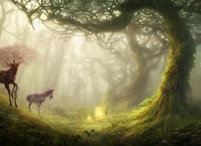 Image similar to desktop background, magical fantasy forest, centaur, path traced, highly detailed, high quality, digital painting, by studio ghibli, lise deharme, alexander jansson, paul lehr, tim white, hans zatzka, henriette ronner - knip, george stubbs, louis wain