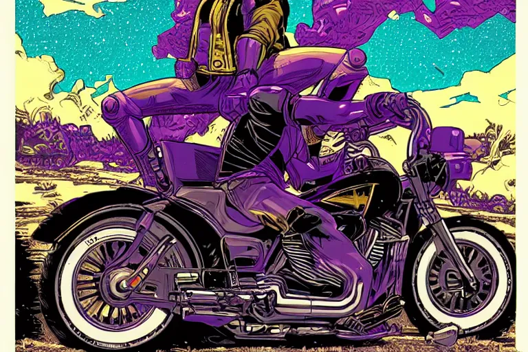 Prompt: Thanos riding a Harley Davidson by Dan Mumford