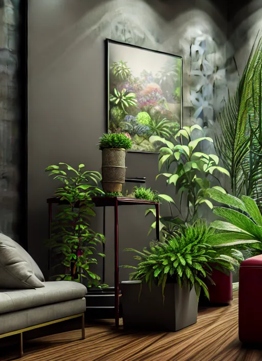 Image similar to hyperrealism, detailed textures, photorealistic 3 d render, a beautiful rich interior living space with plants fishtanks and obsidian flooring, deep cherry wood walls, ultra realistic, ultra high pixel detail, cinematic, intricate, cinematic light, octane render, concept art, illustration, captured on canon eos r 6, art station, unreal engine 8 k