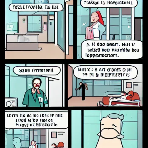 Image similar to a four - panel webcomic strip : a man slams open hospital doors, talks to the receptionist and doctor, and discovers his crying wife in a hospital bed