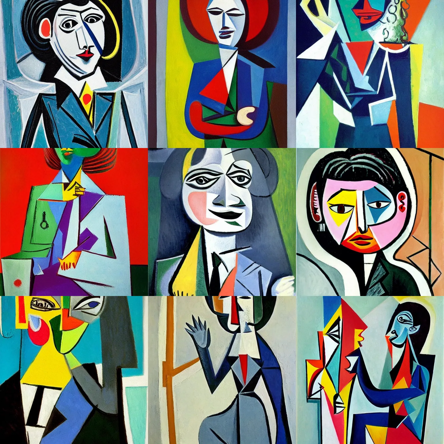 Prompt: a successful female marketing manager wearing a suit, positive mood, success, highly detailed, painting by pablo picasso