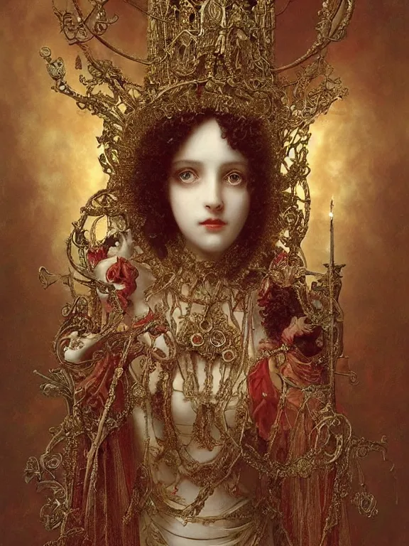 Image similar to a beautiful render of baroque catholic veiled the red queen sculpture with symmetry intricate detailed,crystal-embellished,by Lawrence Alma-Tadema, peter gric,aaron horkey,Billelis,trending on pinterest,hyperreal,jewelry,gold,intricate,maximalist,golden ratio,cinematic lighting