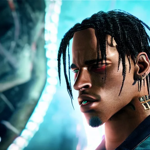 Image similar to a videogame still of Travis Scott in Tekken 7, portrait, 40mm lens, shallow depth of field, close up, split lighting, cinematic