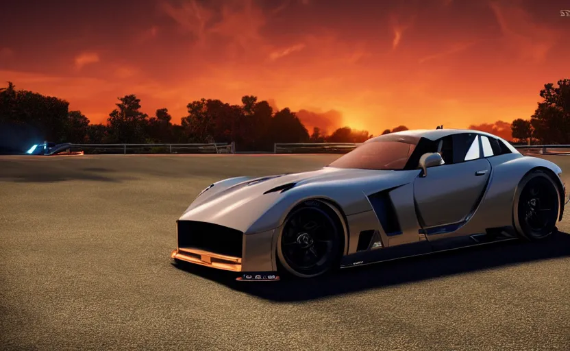 Prompt: a panoz gtr - 1 parked at a drive in movie theater at sunset, concept art, hyperrealistic, octane render, unreal engine 5, path traced, highly detailed, high quality, 8 k, dramatic lighting, cinematic, high coherence, symmetrical, high contrast, lens flare, godrays