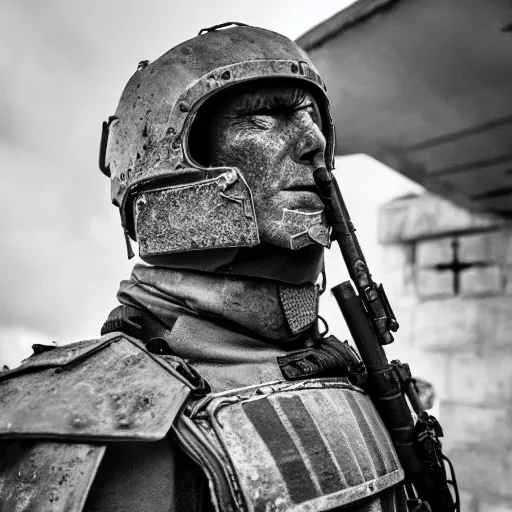 Prompt: Dying British mercenary wearing grey body armor smoking a cigarette in the aftermath of a bloody battle, photo by Adam Ferguson, Pulitzer Winning, cinematic composition, breathtaking, modern, 2022