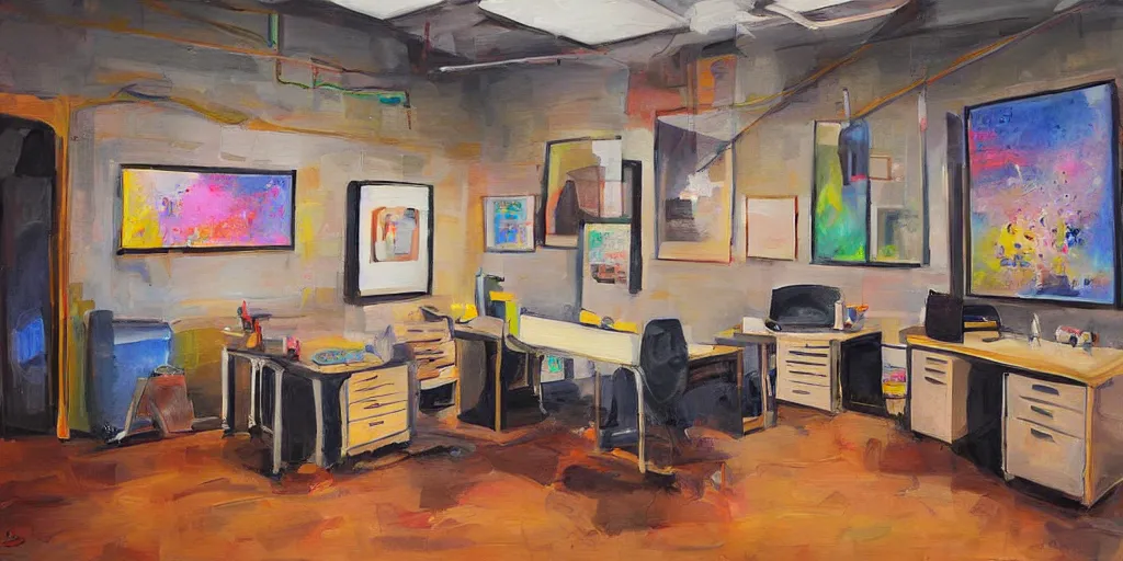 Prompt: painting gallery workplace, art style by joshy sly