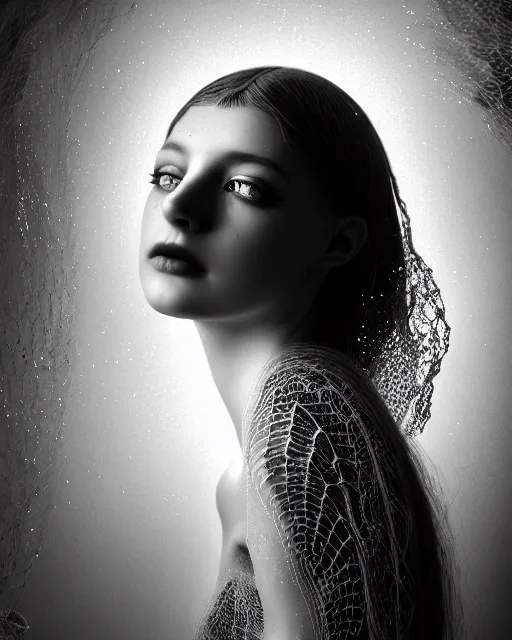 Image similar to surreal mythical dreamy dark artistic black and white fine art photo of a beautiful young female angel - mermaid - cyborg covered with translucent algae lace web, rim light, cinematic, studio dramatic light, poetic, octane render, 8 k, photo - realistic, by floria sigismondi