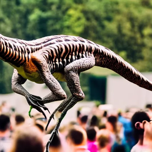 Prompt: professional photo of a velociraptor at a rave