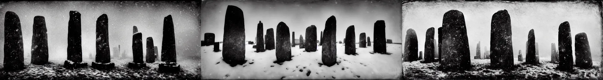 Prompt: a tintype photograph of the neolithic standing stones, by henry ossawa tanner and rembrandt, lit by gas lamps, black and white, grainy, snow, highly detailed, gloomy and foggy atmosphere, octane render, cinematic lighting, photographic emulsion cracked and peeling, 8 k, hd