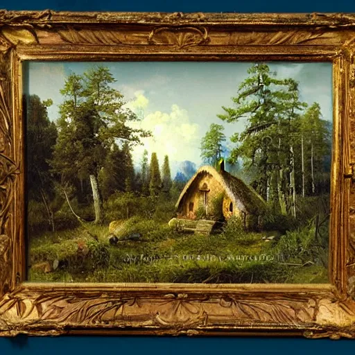 Prompt: small cottage in the forest by ivan shishkin, oil on canvas, highly detailed, whimsical, fantasy