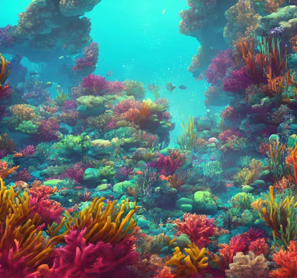 Image similar to underwater neon coral reef landscape magical realism painting with sun rays coming from above, neon pastel colors, octane render, maya, cinema 4d