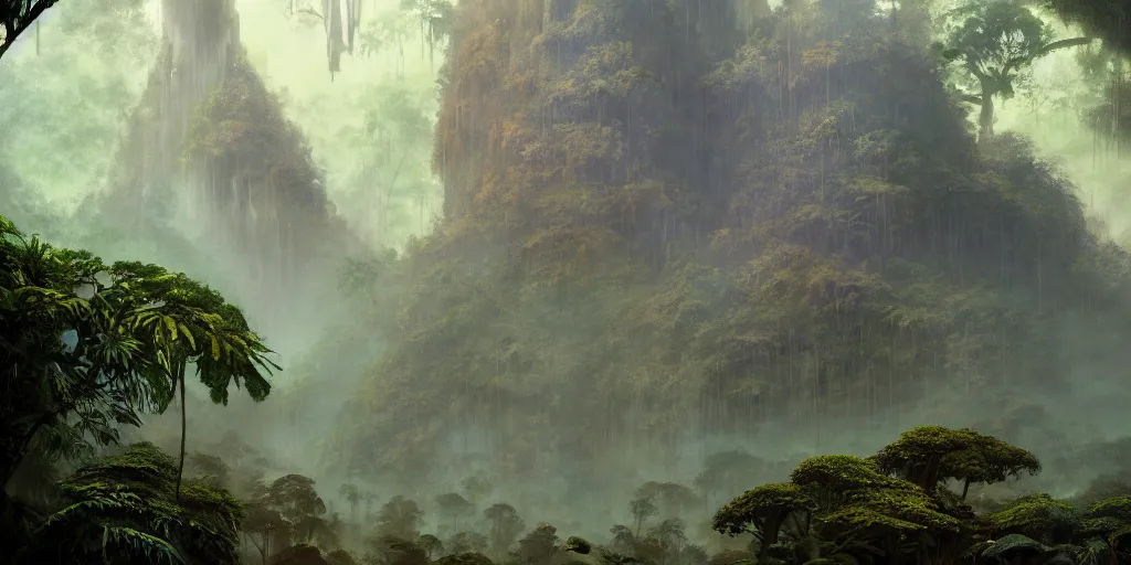 Image similar to a expressive landscape of mayan ancient jungle, artstation, award - winning realistic sci - fi concept art by jim burns and greg rutkowski, beksinski, a realism masterpiece, expressive color palette, james gilleard, bruegel, alphonse mucha, and yoshitaka amano