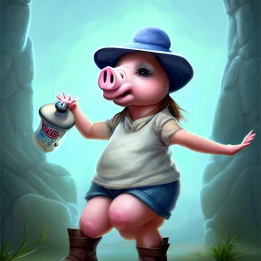 Image similar to cute little anthropomorphic funny female pig wearing shorts, a hat, boots and a pale blue shirt!! tiny!! fully clothed!!! small, short, cute and adorable, character art portrait, matte fantasy painting, deviantart artstation, by jason felix by steve argyle by tyler jacobson by peter mohrbacher, cinema