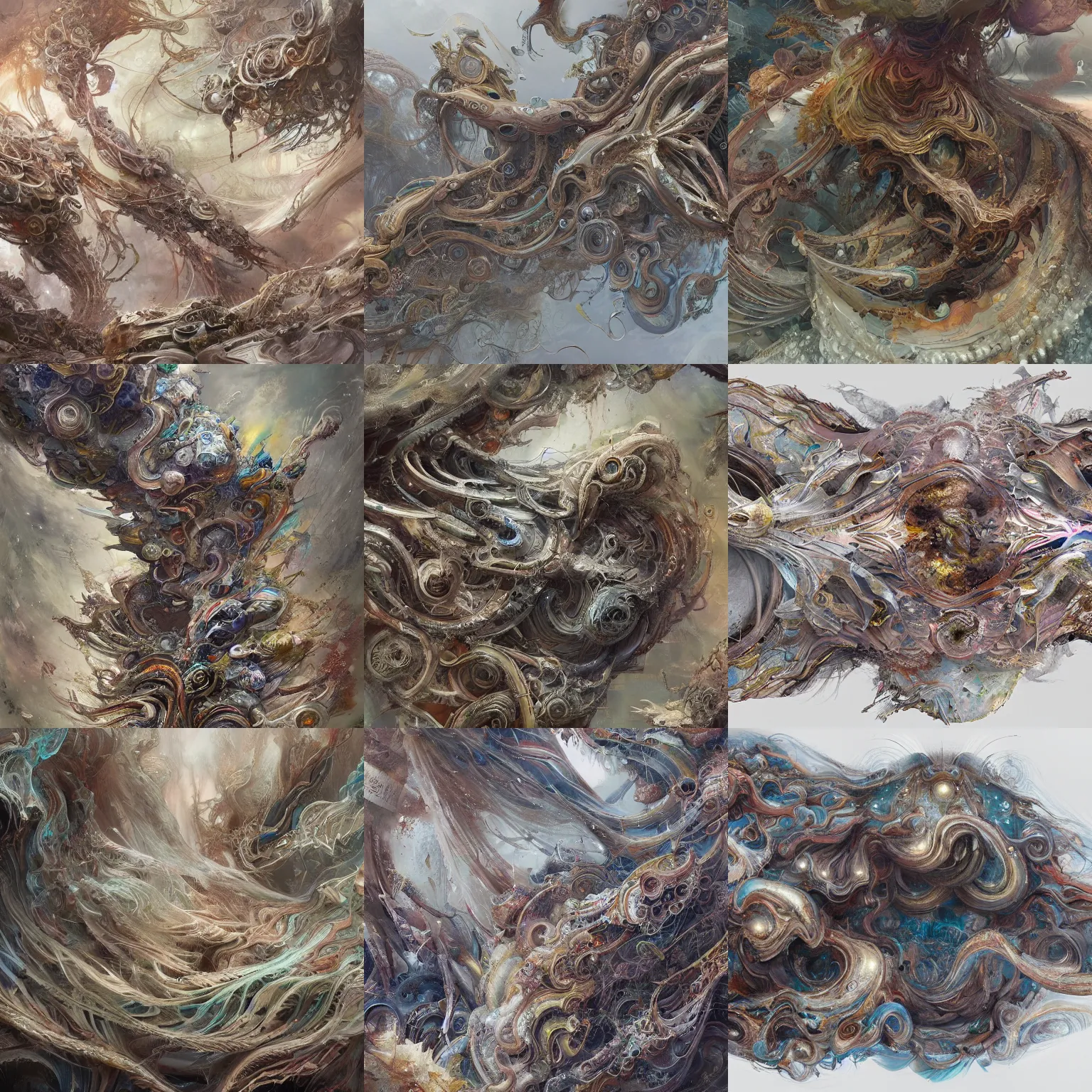 Prompt: an abstract, swirling, elaborate recursive large and decaying array of beauty, painted by ellen jewett as featured on conceptartworld 3 d, painted by laurie lipton as featured on conceptartworld 3 d, surreal ramifications, 8 k