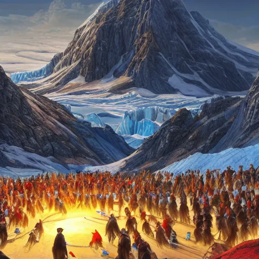 Image similar to idyllic masterpiece of glacial festivity in the skirts of star mountains in Antarctica, quarrel of mountain Monarch gods, cinematic, establishing shot, extremely high detail, photorealistic, cinematic lighting, intricate line drawings, 8k resolution