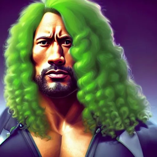 Prompt: portrait of dwayne johnson, long and very curly curly green hair, expressive pose, futuristic, highly detailed, digital painting, artstation, concept art, smooth, sharp focus