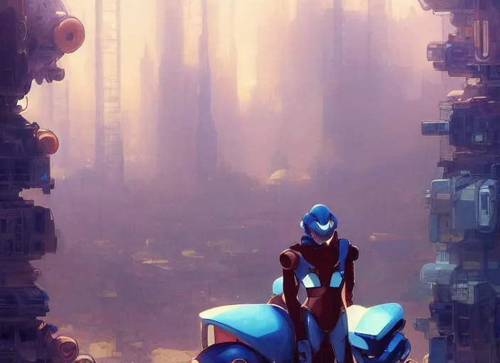 Prompt: megaman x still robotic man look at the cityscape from roof perfect face fine realistic face pretty face neon puffy jacket blue futuristic sci - fi elegant by denis villeneuve tom anders zorn hans dragan bibin thoma greg rutkowski ismail inceoglu illustrated sand storm alphonse mucha