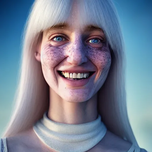 Image similar to beautiful hyperreal portrait of a cute woman smiling softly, long white hair and bangs, a few cute freckles on cheeks and nose, blue eyes, very detailed face, by irakli nadar and juan francisco casas, golden hour, soft focus, 8 k, portra 4 0 0
