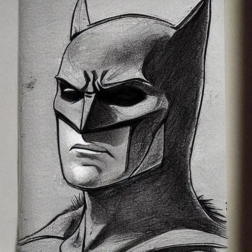 Image similar to batman drawn in ancient notebook, detailed information, sketch style, leonardo davinci,