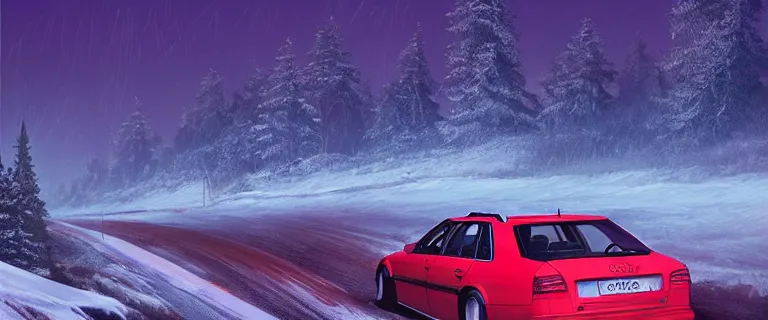 Image similar to Audi A4 B6 Avant (2002), a gritty neo-noir, dramatic bright lighting, cinematic, establishing shot, extremely high detail, photorealistic, cinematic lighting, artstation, by simon stalenhag, Snowy mountain road, At night