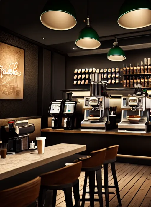 Image similar to hyperrealism, detailed textures, photorealistic 3 d render, a starbucks cafe interior from the view of the barista, ultra realistic, ultra high pixel detail, cinematic, intricate, cinematic light, concept art, illustration, art station, unreal engine 8 k