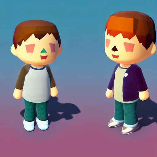 Image similar to low poly human animal crossing character with brown hair brown eyes and a sky blue hoodie and gray pants, 3 d render on purple gradient background