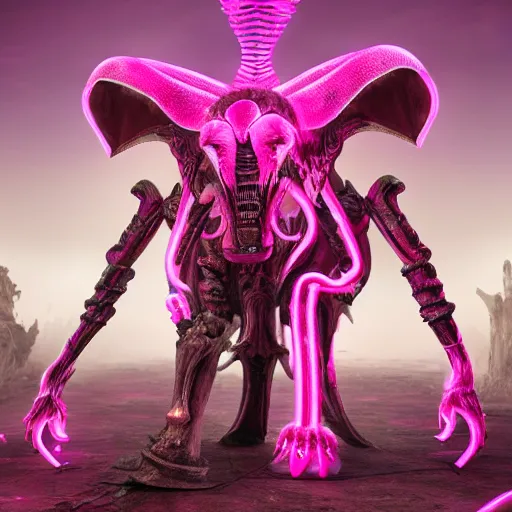 Image similar to a realistic antropomorphic pink elephant dressing necromancer clothes sited in a xenomorphic throne with glow neon eyes, finely detailed, 4 k, photorealistic, cycles engine,