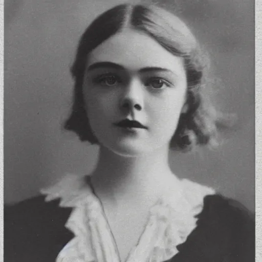 Image similar to Headshot edwardian photograph of Elle Fanning, 1910s, 1900s, 1920s, grainy, victorian, detailed, slightly blurry