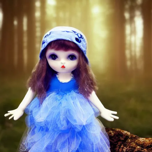 Image similar to blue snappy doll in magical forest, gifts, dark atmosphere, high detail, soft lighting, 8 k