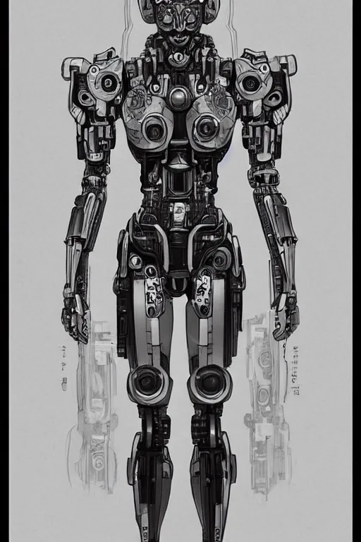 Image similar to full body illustration female cyborg, very symmetrical!! highly detailed, sumi - e art, suiboku - ga ink, by kim jisu, pen and ink monochrome, mecha, deviantart, artstation, pinterest