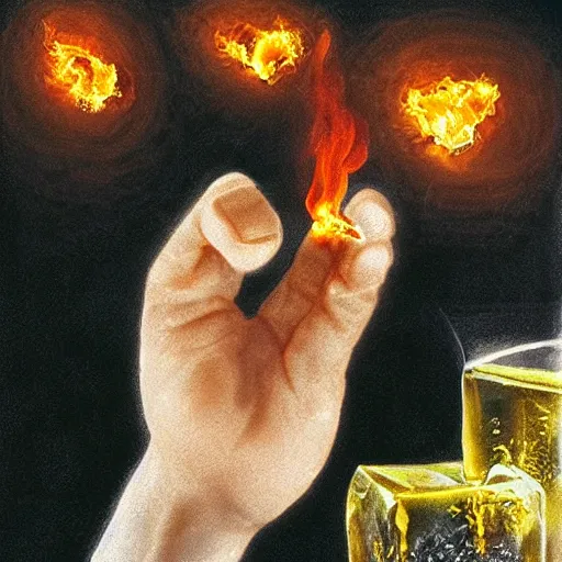 Image similar to “ confused man with puzzled expression staring at a burning ice cube, realism ”