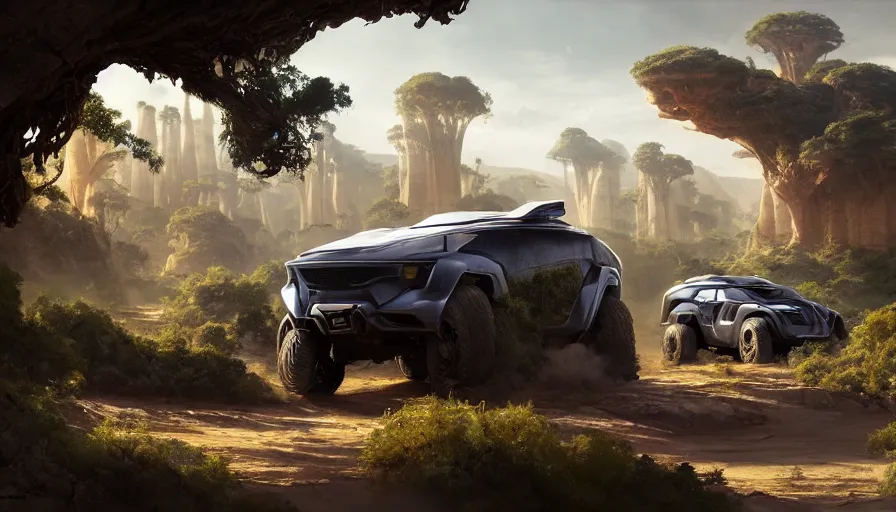 Prompt: a futuristic offroad suv designed by ford driving through madagascar with baobabs trees, artgerm and greg rutkowski and alphonse mucha, an epic fantasy, volumetric light, detailed, establishing shot, an epic fantasy, trending on art station, octane render, midsommar