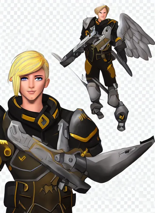 Prompt: concept art of a male blond angel military commander overwatch character