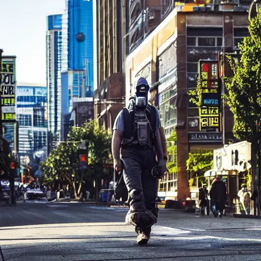 Image similar to man in a gasmask screaming walking down the streets of seattle, sunlight, sunny day, smoke, full shot