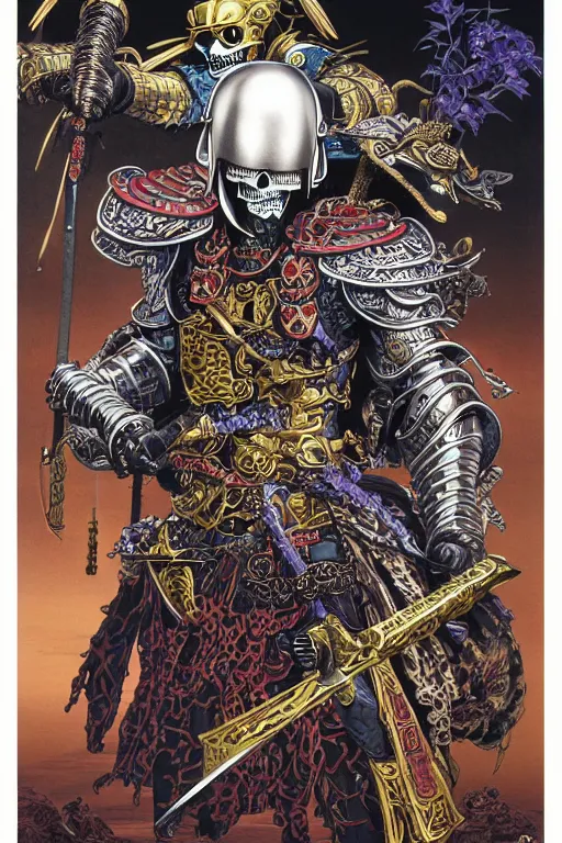 Image similar to portrait of a crazy skeletor warrior with the tang dynasty of china armor and helmet, by yoichi hatakenaka, masamune shirow, josan gonzales and dan mumford, ayami kojima, takato yamamoto, barclay shaw, karol bak, yukito kishiro