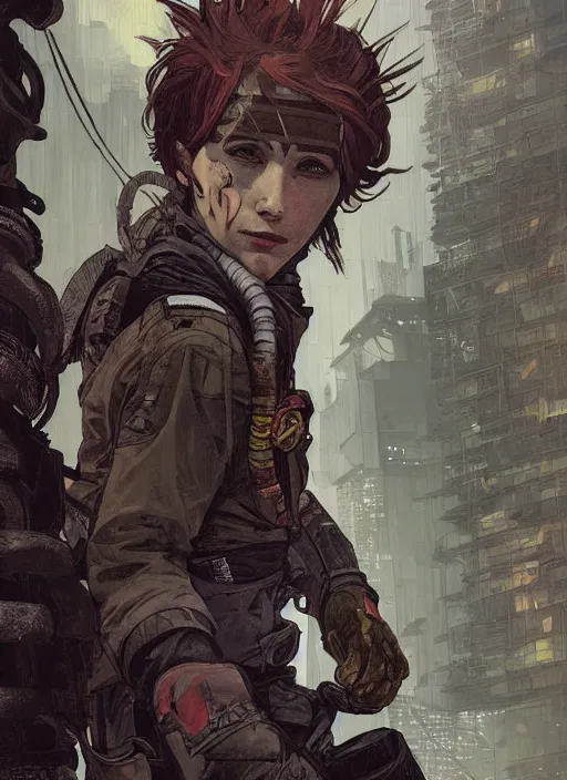 Image similar to cyberpunk climber. portrait by ashley wood and alphonse mucha and laurie greasley and josan gonzalez and james gurney. splinter cell, apex legends, rb 6 s, hl 2, d & d, cyberpunk 2 0 7 7. realistic face. character clothing. vivid color. dystopian setting.