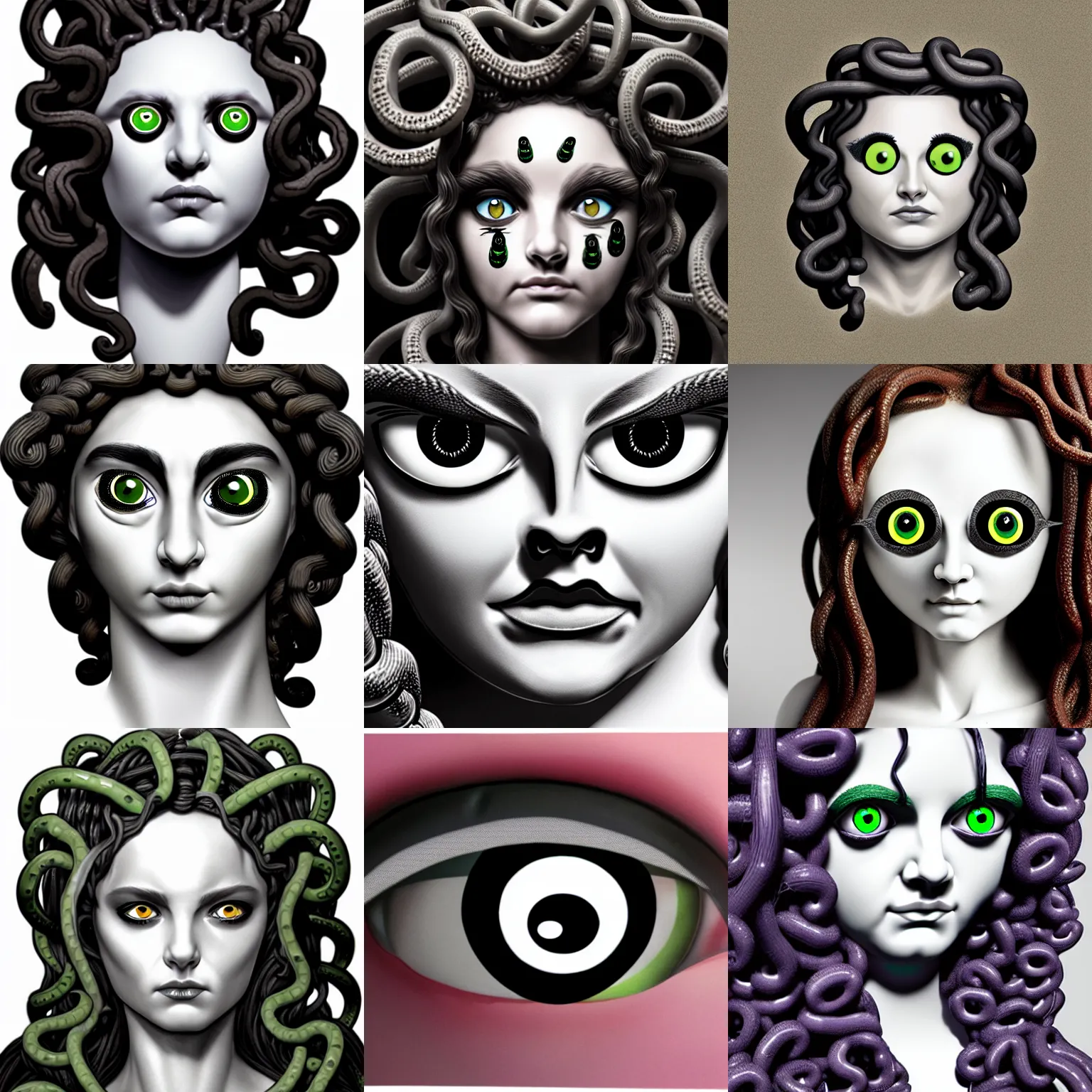 Prompt: photo of medusa but her eyes are white and black plastic googly wiggle eyes, googly eyes, 8 k, photorealistic, detailed, realism, hyper realistic