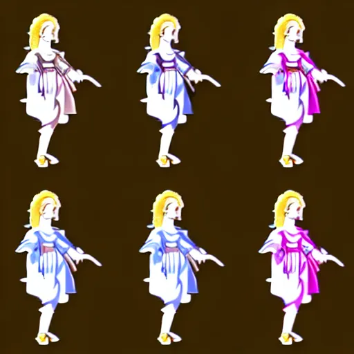 Image similar to walking animation sprite sheet of a girl in a renaissance dress, walking to the right, each sprite is a different frame of the animation