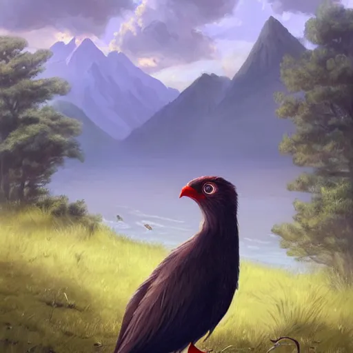 Image similar to Anthropomorphic bird, sitting at a pond, mountainous area, trees in the background, oil painting, by Fernanda Suarez and Greg Rutkowski