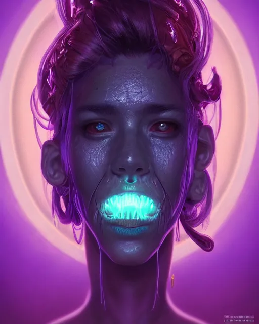 Image similar to portrait of a creepy bioluminescent monster, highly detailed, digital painting, cinematic, hyperrealism, dark retrowave, art by stanley lau and artgerm and magali villeneuve and alphonse mucha, artstation hd, octane render, cgsociety