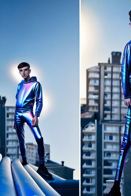 Image similar to un ultra high definition studio quality photographic art portrait of a young man standing on the rooftop of a british apartment building wearing soft baggy inflatable padded silver iridescent pearlescent clothing. three point light. extremely detailed. golden ratio, ray tracing, volumetric light, shallow depth of field. set dressed.