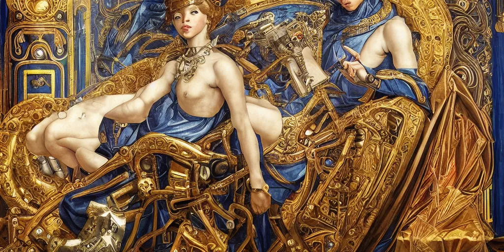 Prompt: beautifully painted mural of a mechanical cyborg king in ornate royal metallic fabric sitting in his royal throne room, piercing glowing eyes, sci fi scenery, fantasy setting, vogue cover poses, mural in the style of sandro botticelli, caravaggio, albrecth durer